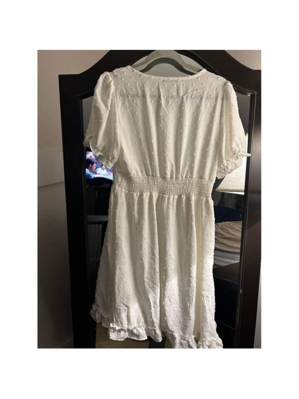 NEW White V Neck Short Sleeve Swiss Dot Mini Dress Pockets M - Picture 7 of 8